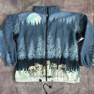 Men's Vintage Y2K Cabin Fever Wolf Moon Landscape All Over Print Fleece Sz 2XL